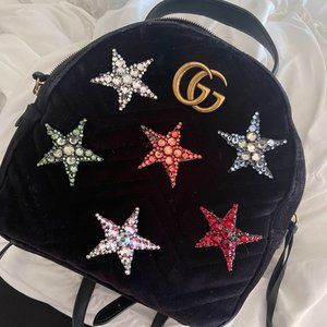 GUCCI Velvet Matelasse Crystal Star Embroidered GG Marmont Dome Backpack Black